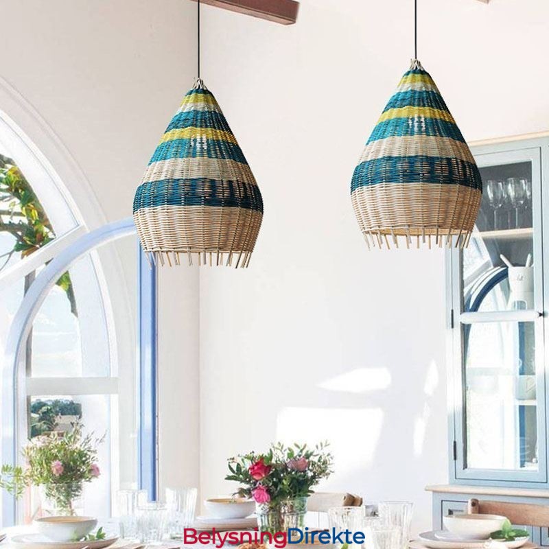 Bambus- Og Rottingpendellampe Med Striper, Håndvevd Intervallskjerm, Taklampe