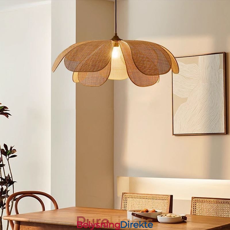 Rotting Petal Pendellampe Wabi Sabi-Stil Håndvevd Rottingtaklampe