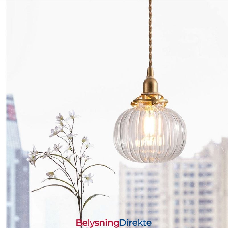 Glass Pendellampe Klar Rund Ribbet Gresskarformet Lampe Med 1 Lys