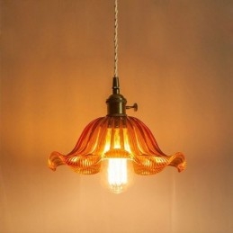 Vintage Fargerik Ribbet Glass Pendellampe Blomsterskjermlampe Med Vribryter
