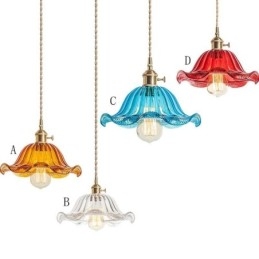 Vintage Fargerik Ribbet Glass Pendellampe Blomsterskjermlampe Med Vribryter