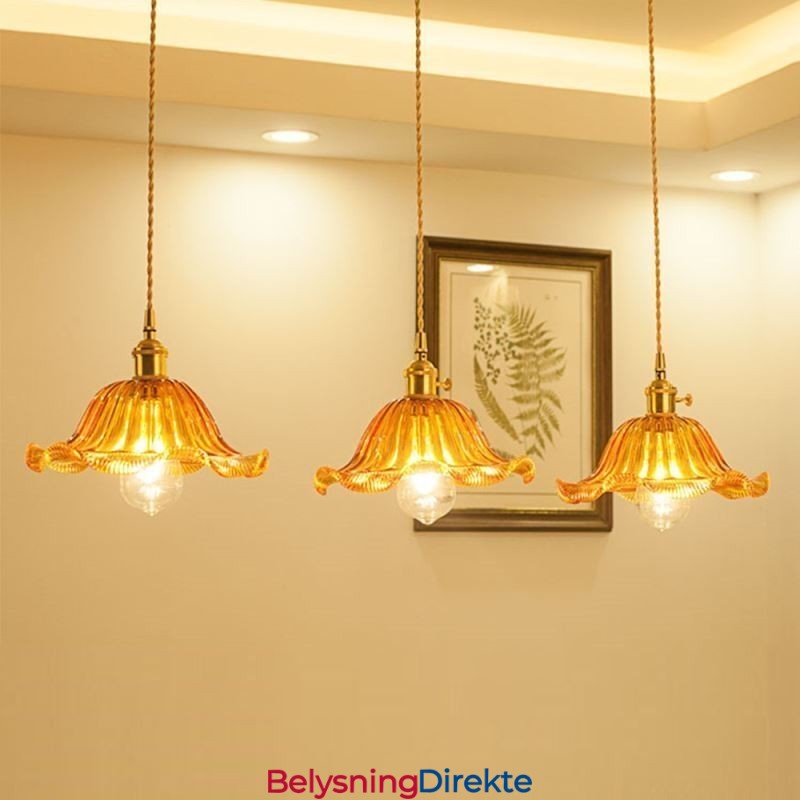 Vintage Fargerik Ribbet Glass Pendellampe Blomsterskjermlampe Med Vribryter