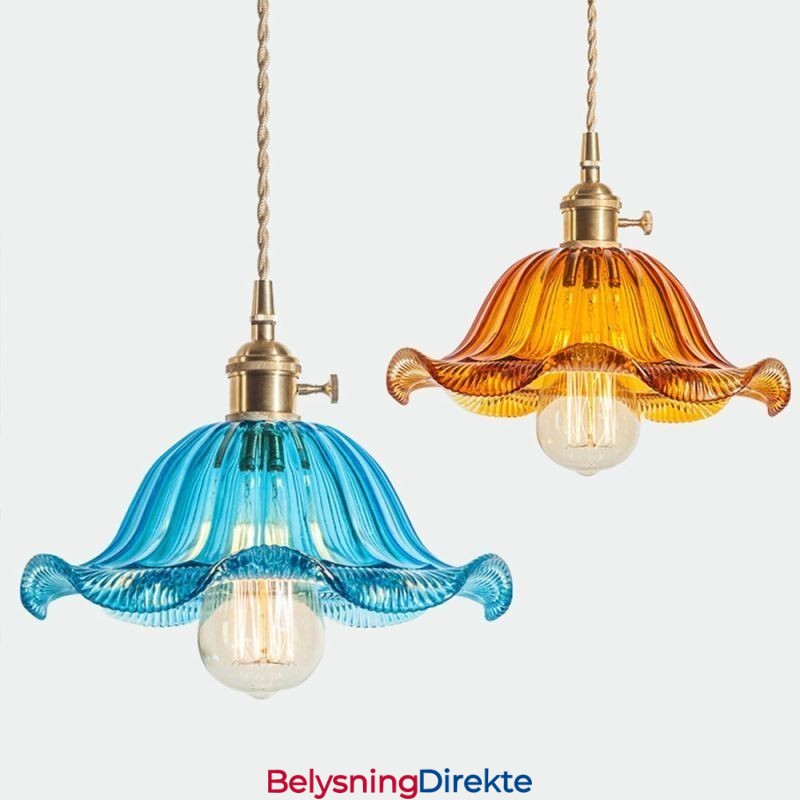 Vintage Fargerik Ribbet Glass Pendellampe Blomsterskjermlampe Med Vribryter