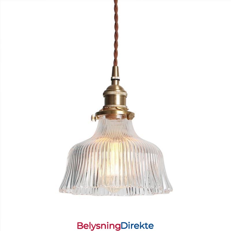 Stor Kuppelformet Pendellampe I Klart, Ribbet Glass Med Messingholder Og Vribryter