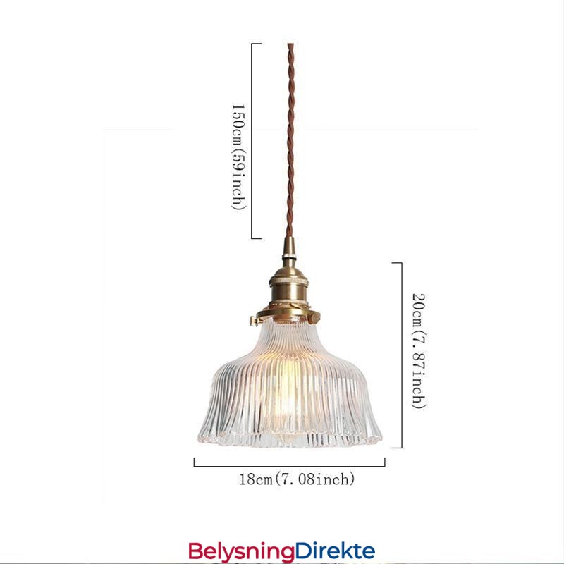 Stor Kuppelformet Pendellampe I Klart, Ribbet Glass Med Messingholder Og Vribryter