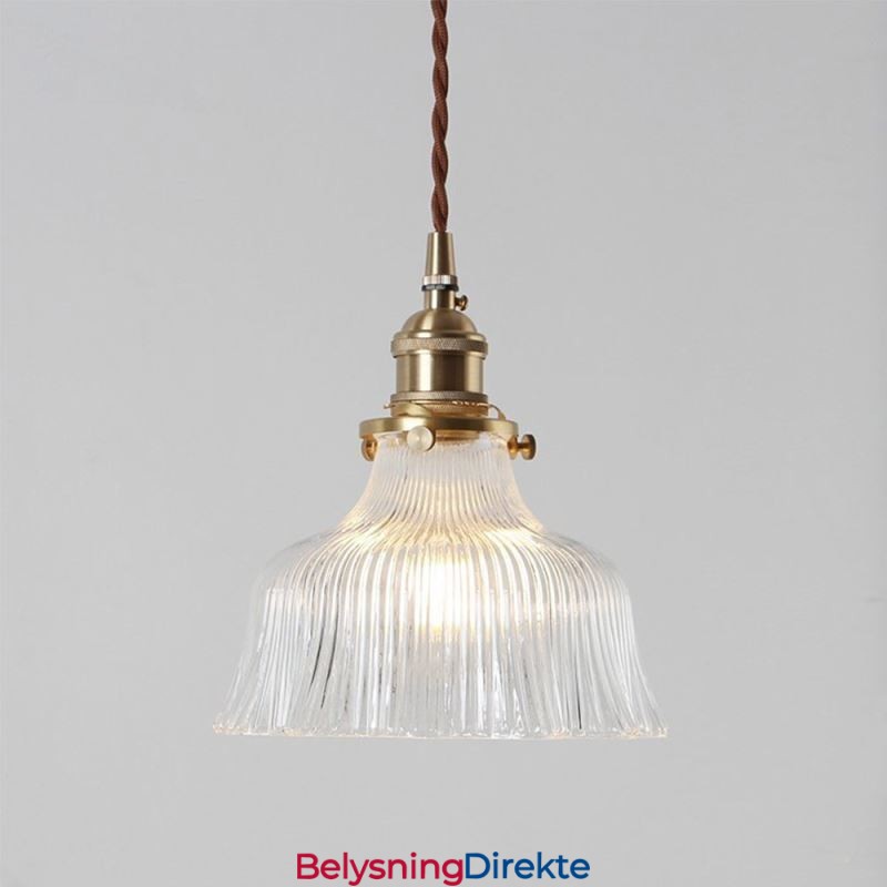Stor Kuppelformet Pendellampe I Klart, Ribbet Glass Med Messingholder Og Vribryter