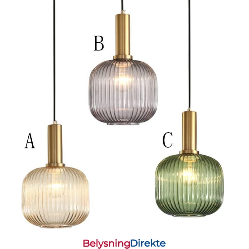 Ribbet Glasspendellampe Med Messingholder