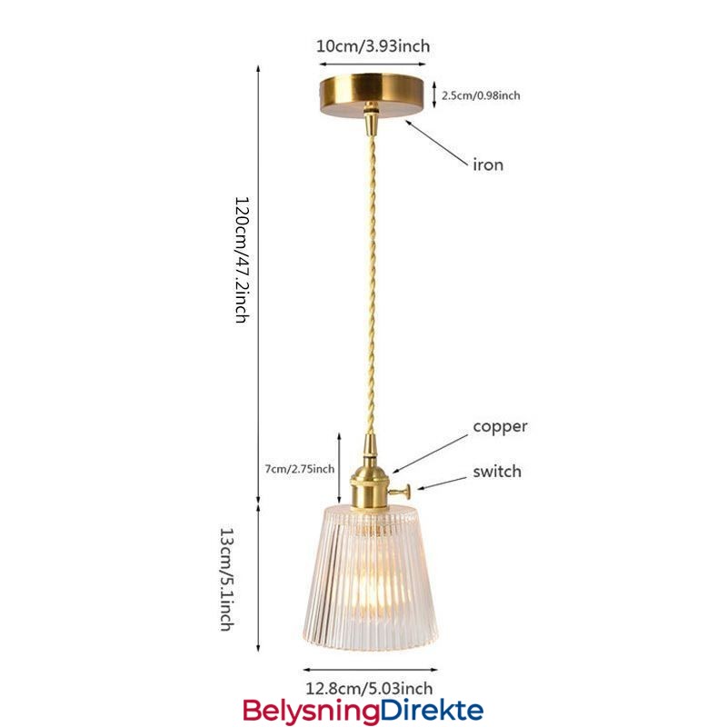 Messing Ribbet Glass Pendellampe Kjegleskjerm Med Vribryter