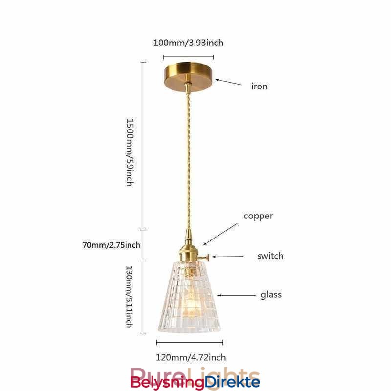 Firkantet, Klart, Ribbet Glasspendellampe I Messing Med Vribryter