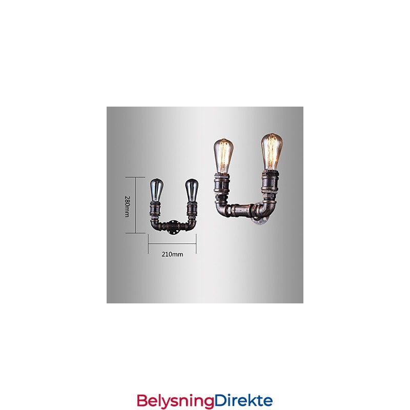 2 Lys Vintage Metall Vannrørsvegglampe Med Edison-Pære