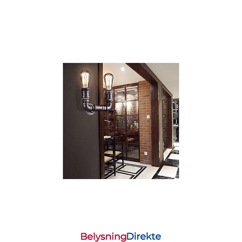 2 Lys Vintage Metall Vannrørsvegglampe Med Edison-Pære