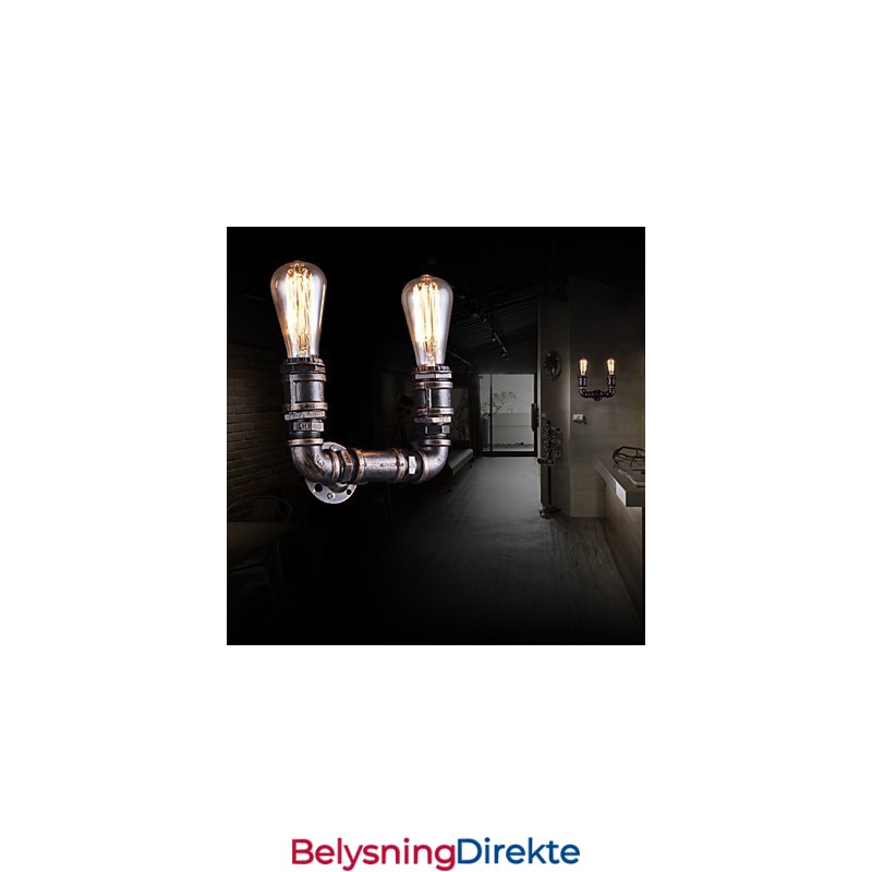 2 Lys Vintage Metall Vannrørsvegglampe Med Edison-Pære