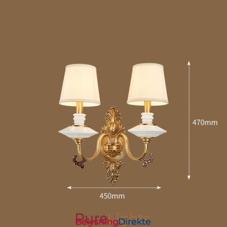 100 % Ren Messing Luksuriøs Rustikk Retro Vintage Messingkeramikk Vegglampe Med 2 Lys Og Stoffskjermer Spesiell For Hotellkontor Utstillingslokale Stue Spisestue