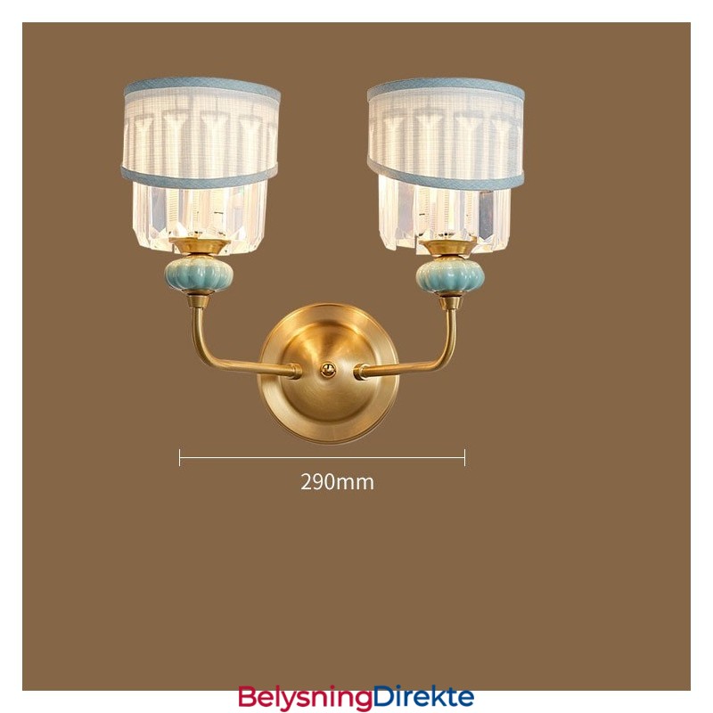 Luksuriøs Rustikk Retro Vintage Messing Keramikk Vegglampe Med 2 Lys, Stoff Og Krystallskjermer, Spesielt For Hotell, Kontor, Utstillingslokale, Stue, Spisestue