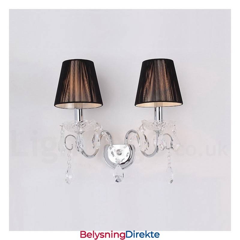 2-Lyss Vegglampe I Retroglass I Krom, Sølvfarget K9-Krystall Med Svarte Stoffskjermer