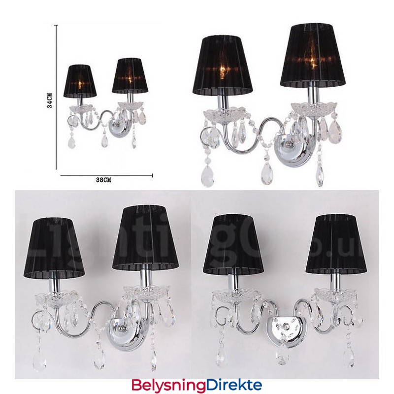 2-Lyss Vegglampe I Retroglass I Krom, Sølvfarget K9-Krystall Med Svarte Stoffskjermer