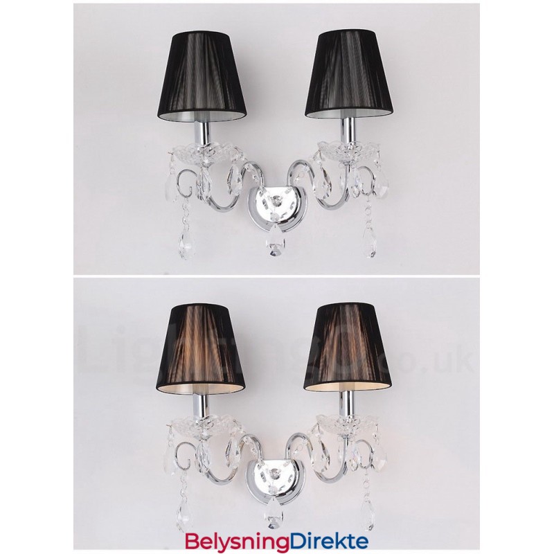 2-Lyss Vegglampe I Retroglass I Krom, Sølvfarget K9-Krystall Med Svarte Stoffskjermer