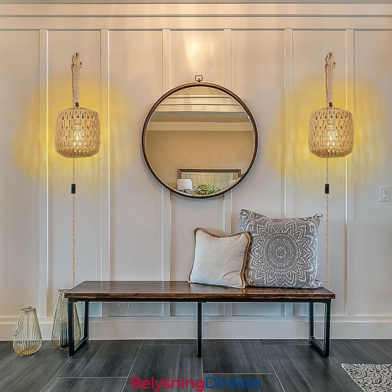 Amerikansk Retro Vegglampe Med 3M Hamptau Hengende Linje Papirtau Vevd Lampeskjerm