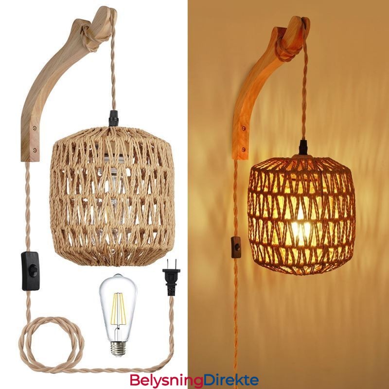 Amerikansk Retro Vegglampe Med 3M Hamptau Hengende Linje Papirtau Vevd Lampeskjerm