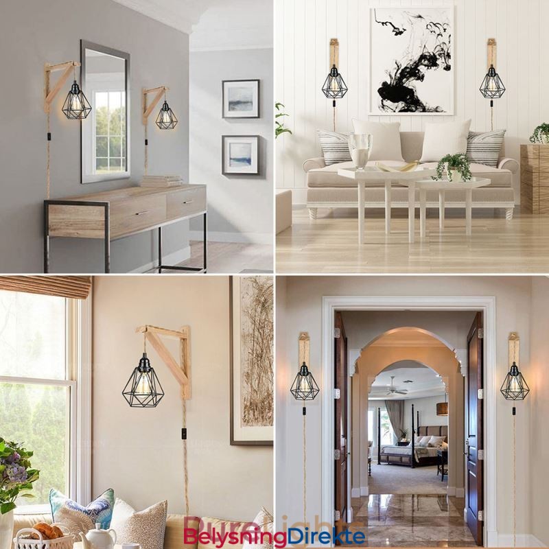 Amerikansk Retro Vegglampe 2,5 M Hamptau Hengende Wire Svart Jernmalt Lampeskjerm