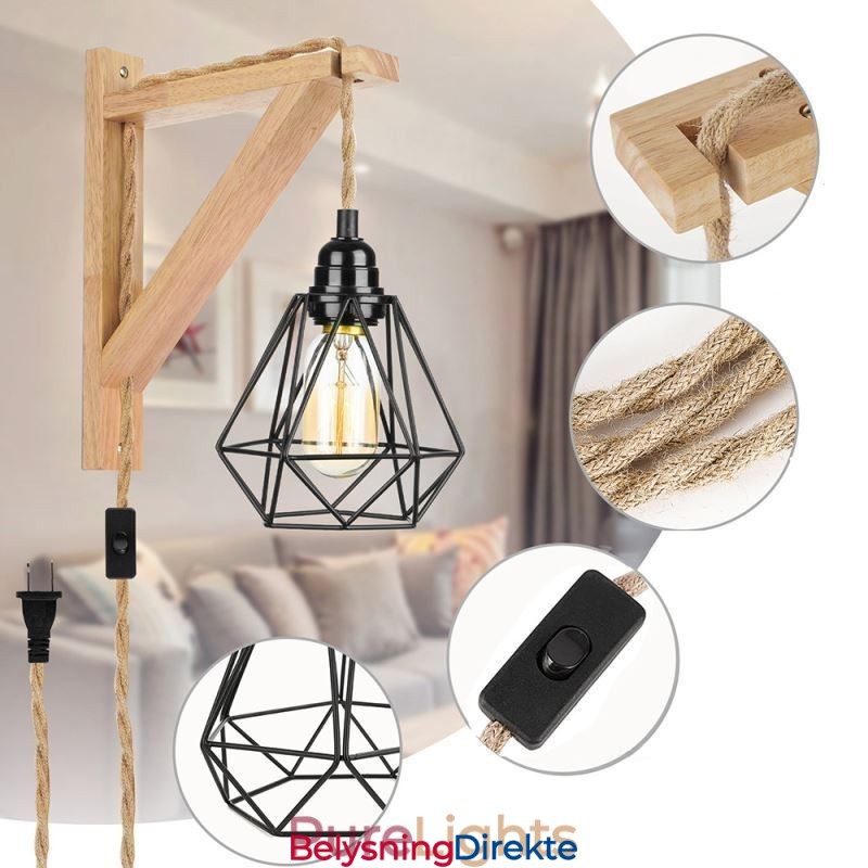 Amerikansk Retro Vegglampe 2,5 M Hamptau Hengende Wire Svart Jernmalt Lampeskjerm