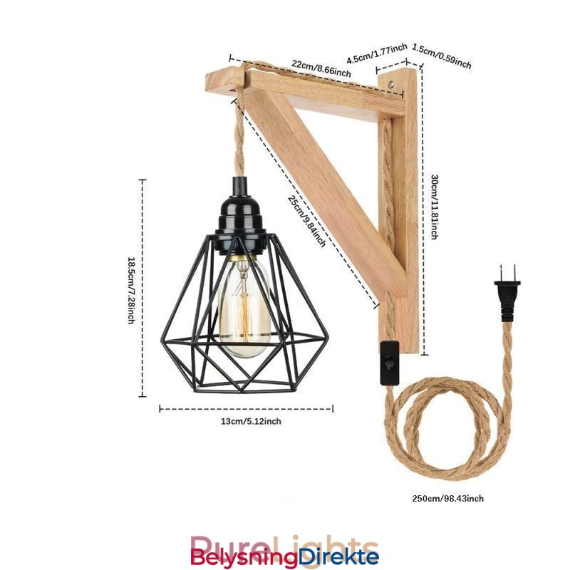 Amerikansk Retro Vegglampe 2,5 M Hamptau Hengende Wire Svart Jernmalt Lampeskjerm