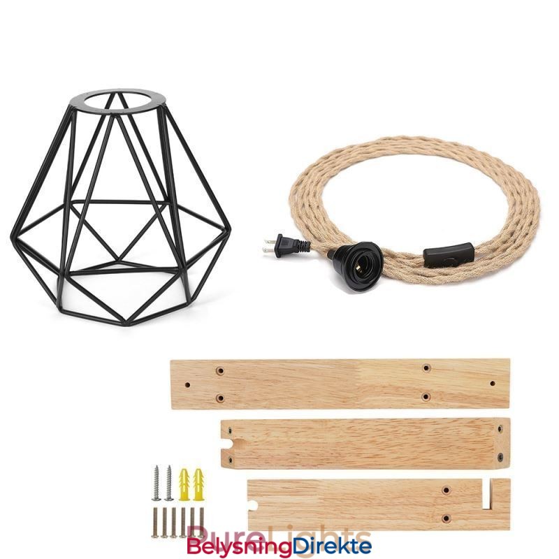 Amerikansk Retro Vegglampe 2,5 M Hamptau Hengende Wire Svart Jernmalt Lampeskjerm