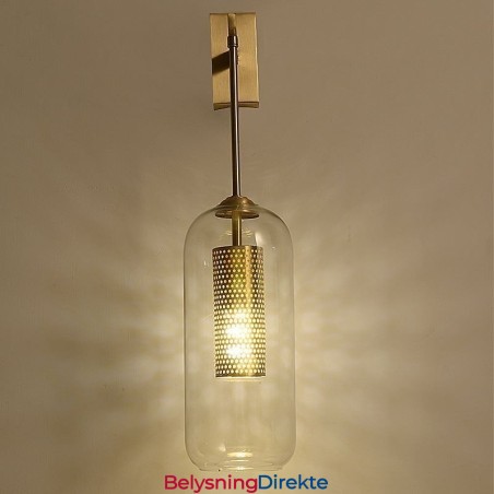 Nordisk Messingvegglampe Med Indre Hul Sylinderlampeskjerm I Glass