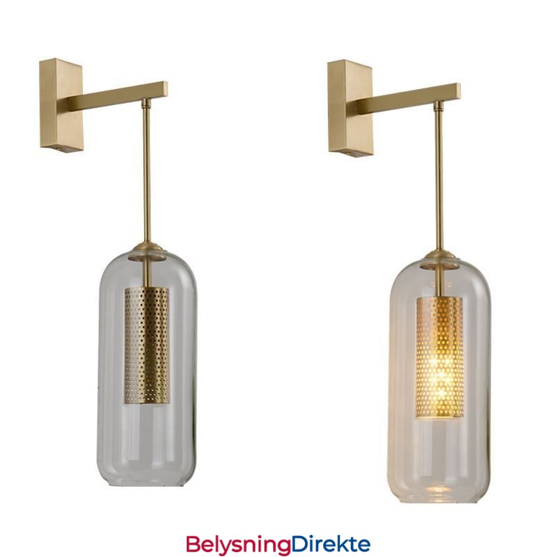 Nordisk Messingvegglampe Med Indre Hul Sylinderlampeskjerm I Glass