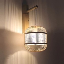 Kreativ Hengende Vegglampe I Bambus Med Burdesign, Dekorativ Lampe Ved Nattbordet