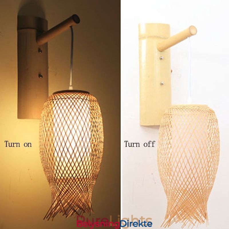Nedadgående Bambusvegglampe Landlig Rund Vegglampe Nattbord Tehus Kreativ Lys