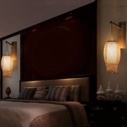Nedadgående Bambusvegglampe Landlig Rund Vegglampe Nattbord Tehus Kreativ Lys