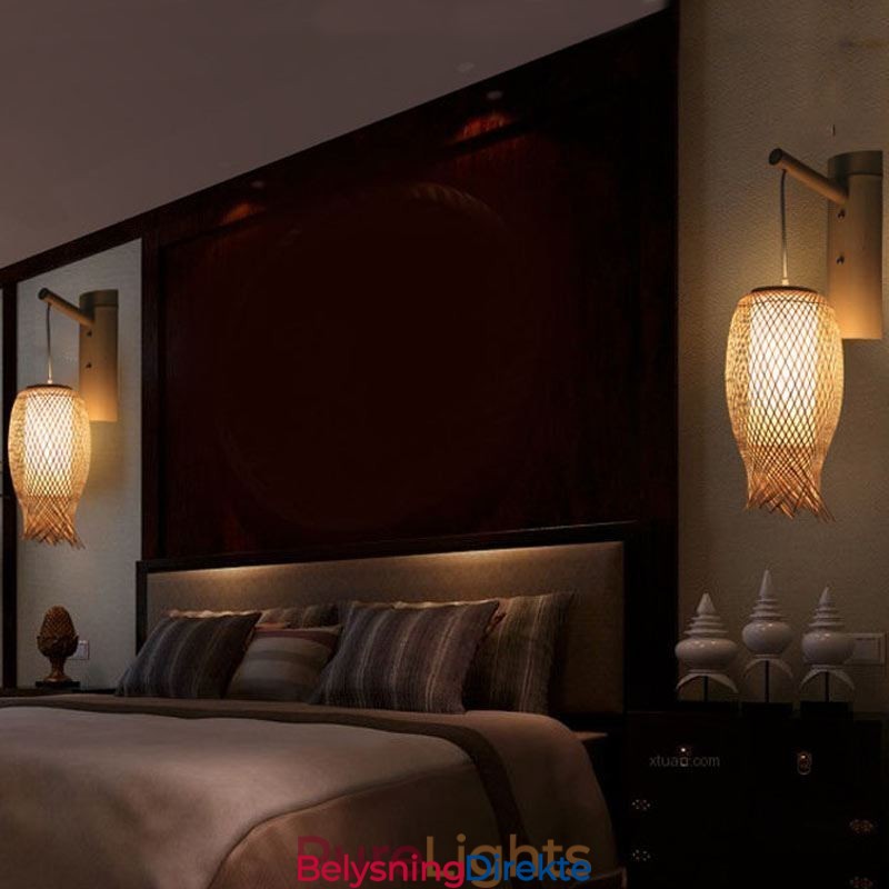 Nedadgående Bambusvegglampe Landlig Rund Vegglampe Nattbord Tehus Kreativ Lys