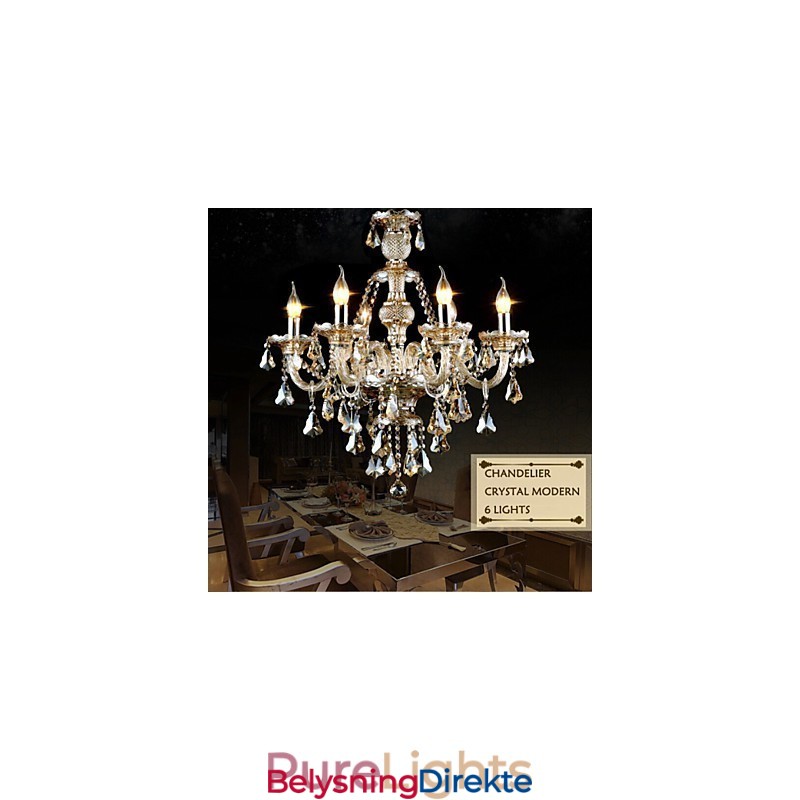 Lysekrone I Konjakkfarget Krystall, Moderne, 6 Lys, Samtidskunst, Glass