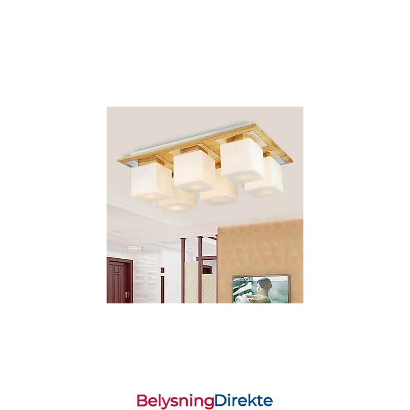 Eiketaklampe Med Seks Lys I Eik Og Glass, 220–240 V