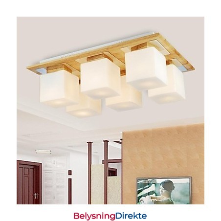 Eiketaklampe Med Seks Lys I Eik Og Glass, 220–240 V