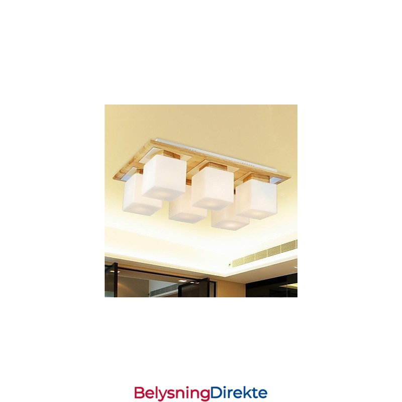 Eiketaklampe Med Seks Lys I Eik Og Glass, 220–240 V