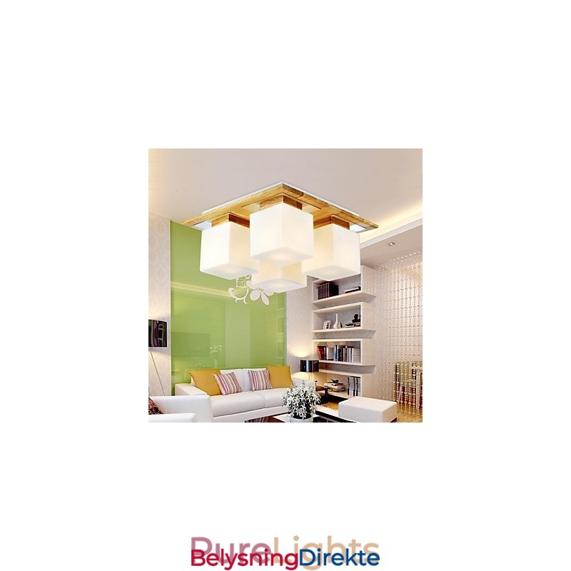 Eiketaklampe Med Fire Lys I Eik Og Glass 220~240V (Hy9024)