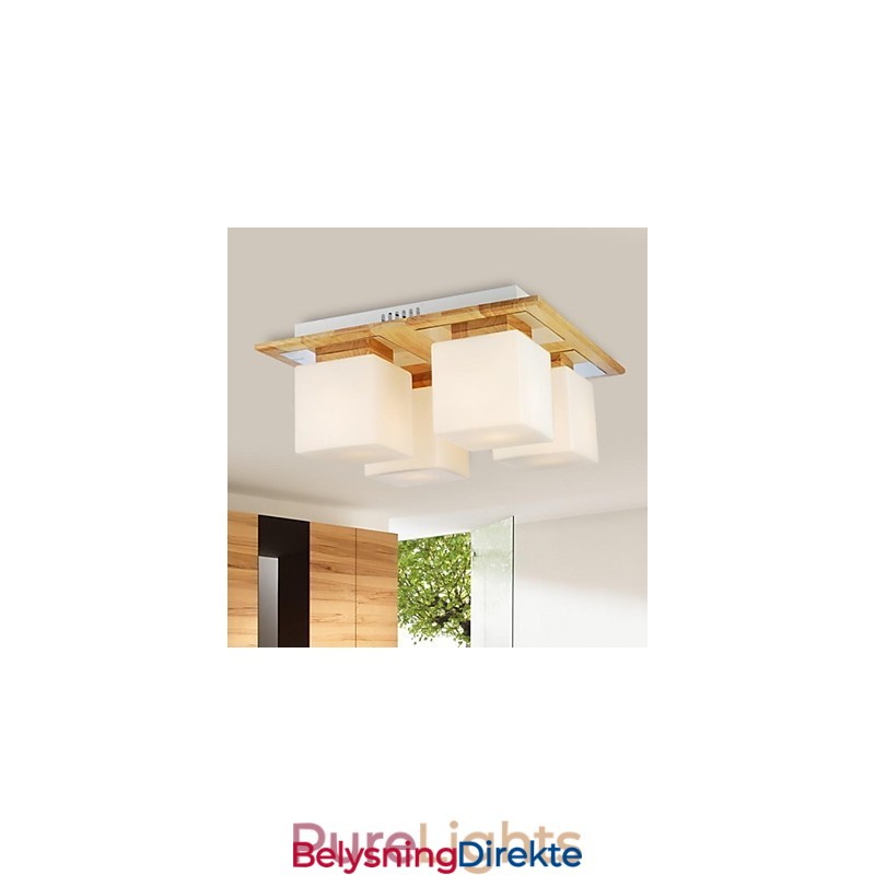 Eiketaklampe Med Fire Lys I Eik Og Glass 220~240V (Hy9024)