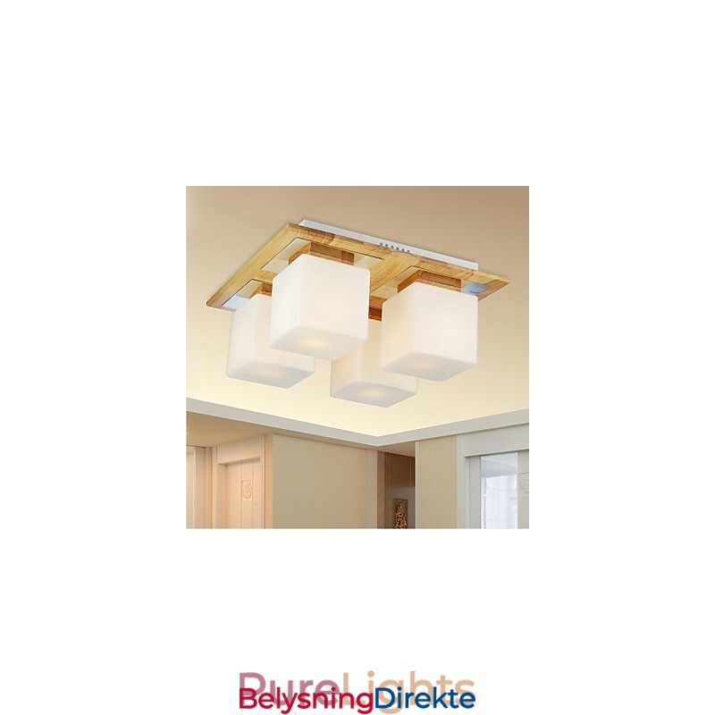 Eiketaklampe Med Fire Lys I Eik Og Glass 220~240V (Hy9024)