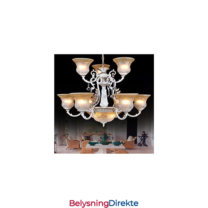 Hvit Lysekrone Med Tolv Lys, Mønster, Glassskjerm, Håndforgylt, Europeisk Retroklassiker