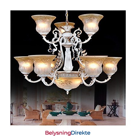 Hvit Lysekrone Med Tolv Lys, Mønster, Glassskjerm, Håndforgylt, Europeisk Retroklassiker