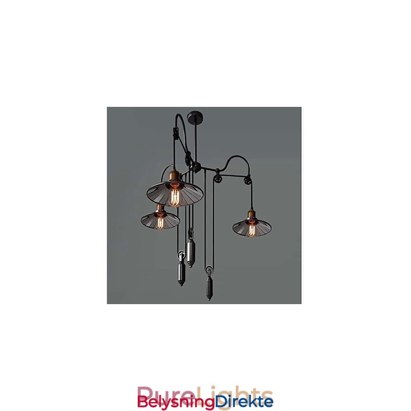 Vintage Pully Pendellampe Med 3 Øyer I Metall Og Innvendig Skjerm I Glass