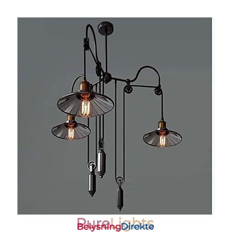 Vintage Pully Pendellampe Med 3 Øyer I Metall Og Innvendig Skjerm I Glass