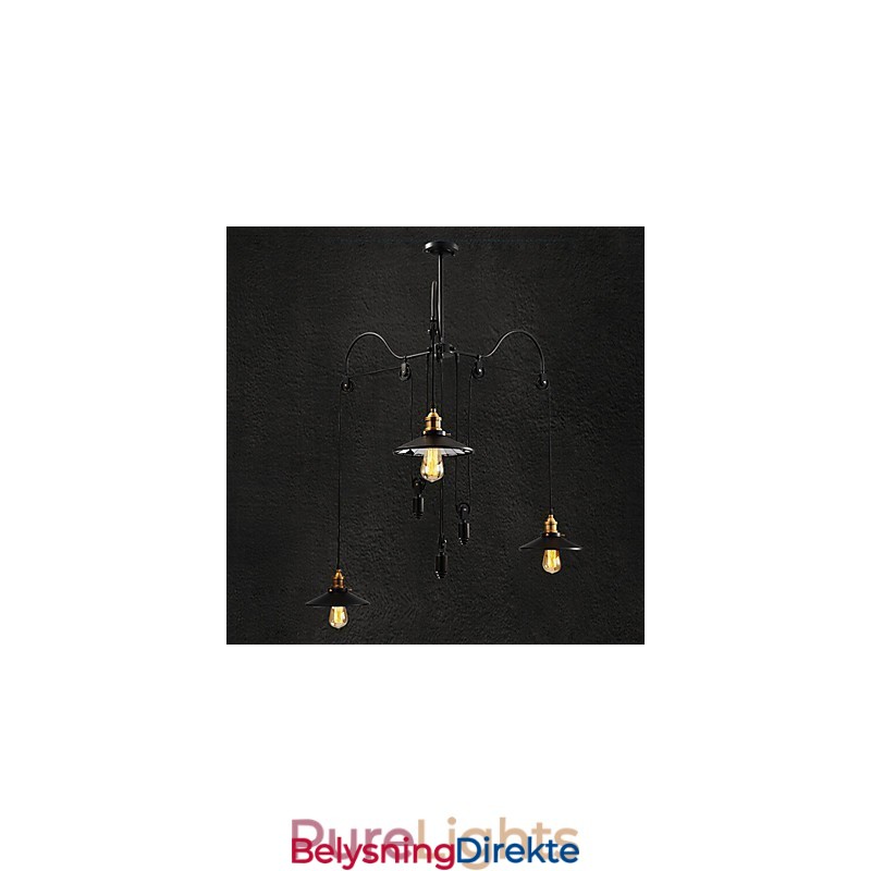 Vintage Pully Pendellampe Med 3 Øyer I Metall Og Innvendig Skjerm I Glass