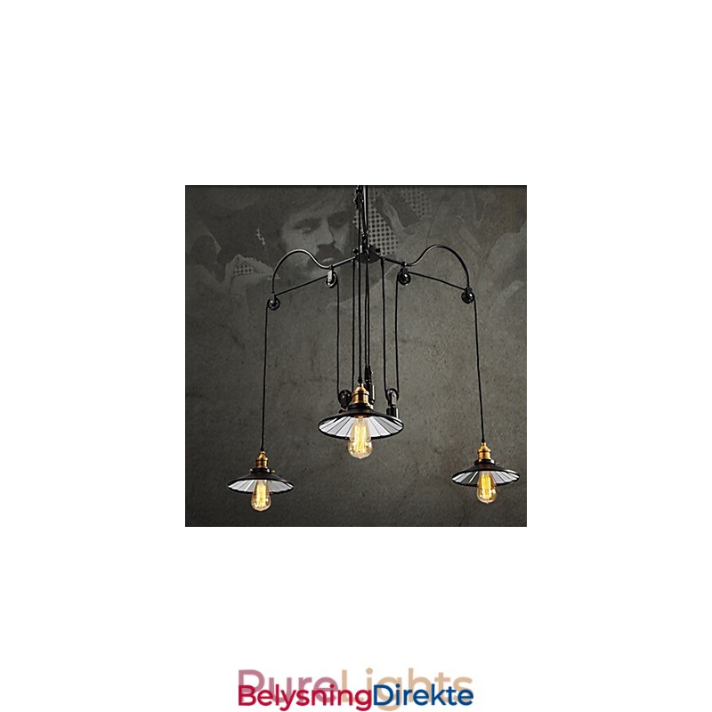 Vintage Pully Pendellampe Med 3 Øyer I Metall Og Innvendig Skjerm I Glass