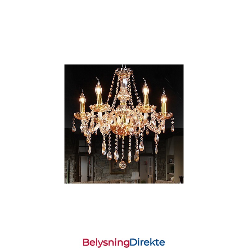 Elegant Krystalllysekrone Med 6 Lys I Ravfarget Farge Til Hjemmet